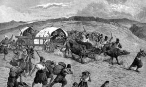 Руски и бугарски сељаци беже од Турских јединица. Графика из 1877.