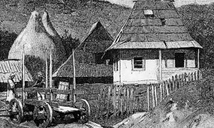 Кућа босанске задруге. Новинска ксилографија око 1880, Жигмунд Ајдукјевич. Преузето са www.staresrpskeslike.com