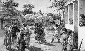 Поливање додоле (народни обичај). Новинска ксилографија Уроша Предића из 1892.