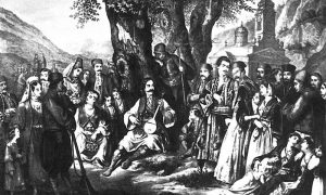 Срби око гуслара. Литографија Анастаса Јовановића из 1847. Преузето са www.staresrpskeslike.com