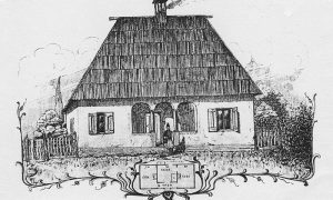 Сеоска кућа у Равњу. Новинска ксилографија Тителбаха из 1910. Преузето са www.staresrpskeslike.com