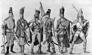 Граничари са територије Војне крајине из 1742 (Лички граничар трећи са лева)