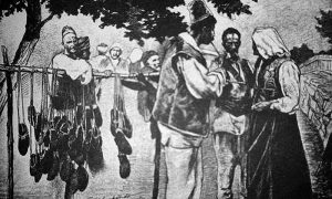 Опанчари на пазару у Кладуши. илустрација Леа Арндта из 1903.