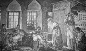 Посета код муслиманске родиље. Илустрација Иване Кобилице из 1901.