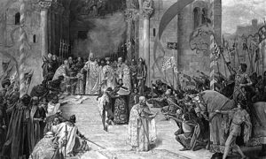 Стефан Урош IV Душан Немањић, познат и као Душан Силни (1308. – 20. децембар 1355.), крунисан за цара Срба и Грка на Ускрс 16. априла 1346 у тврђави Кале у Скопљу. Слика Паје Јовановића из 1900.