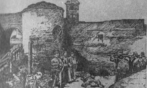 Стрељање свештеника и грађана испред цркве Ружице (цртеж Б. Војновића - Пеликана)